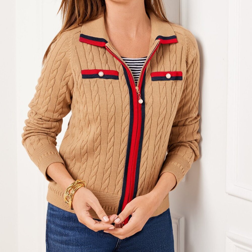 NWT $149 TALBOTS Tipped Cableknit Zip Up Sweater Toasted Coconut Small Pearl